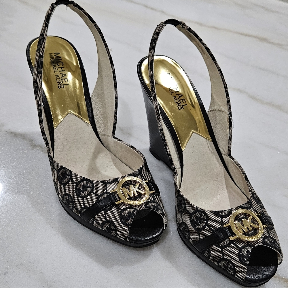 Michael Kors Black and Gold Peep-Toe Heels